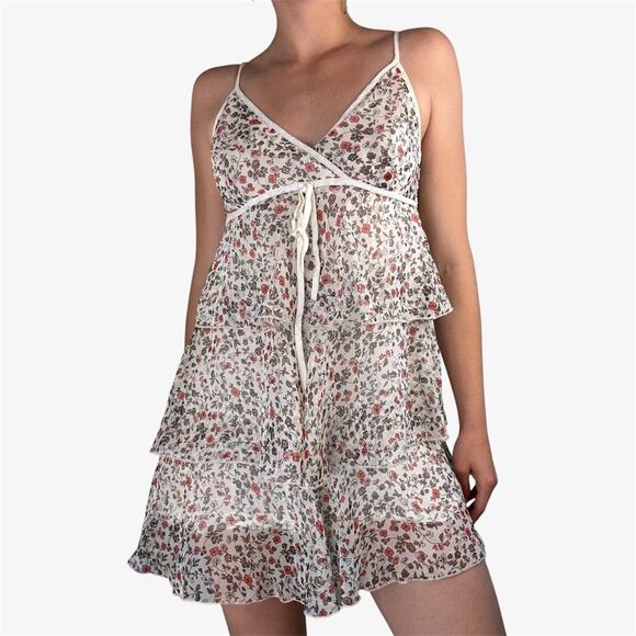 White pink floral mini babydoll tiered dress - Picture 1 of 8